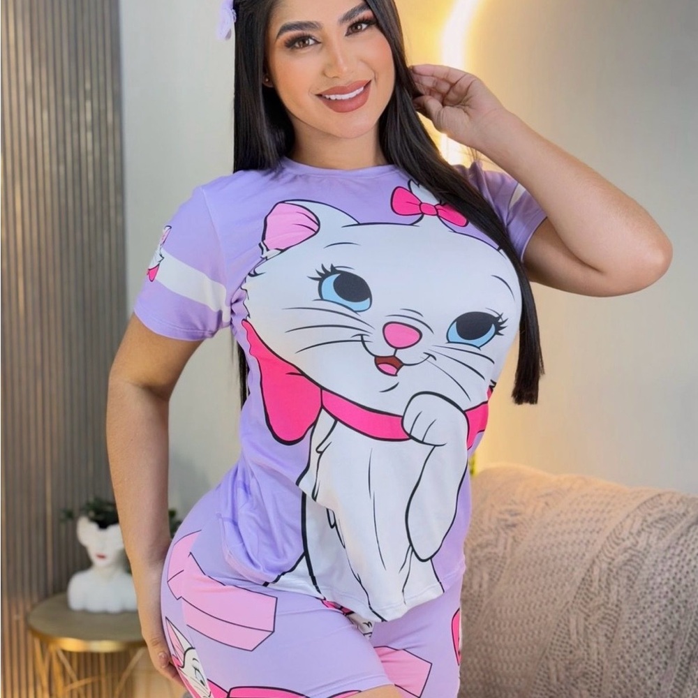Marie Cat Graphic Short Sleeve Sleep Set - Women's Intimates